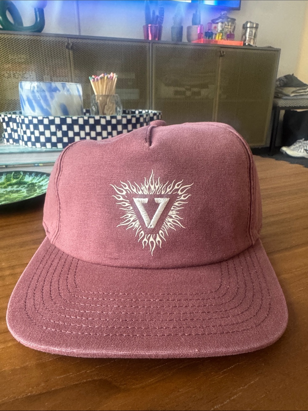 VISSLA Maroon Baseball Cap with White Flame Triangle Logo